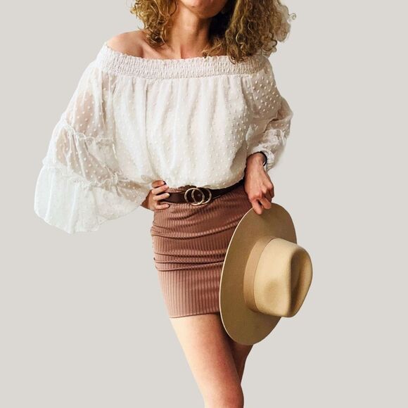 HL Affair NY Off Shoulder Swiss Dot White Blouse Size‎ M/L MSRP $188 - Picture 1 of 6
